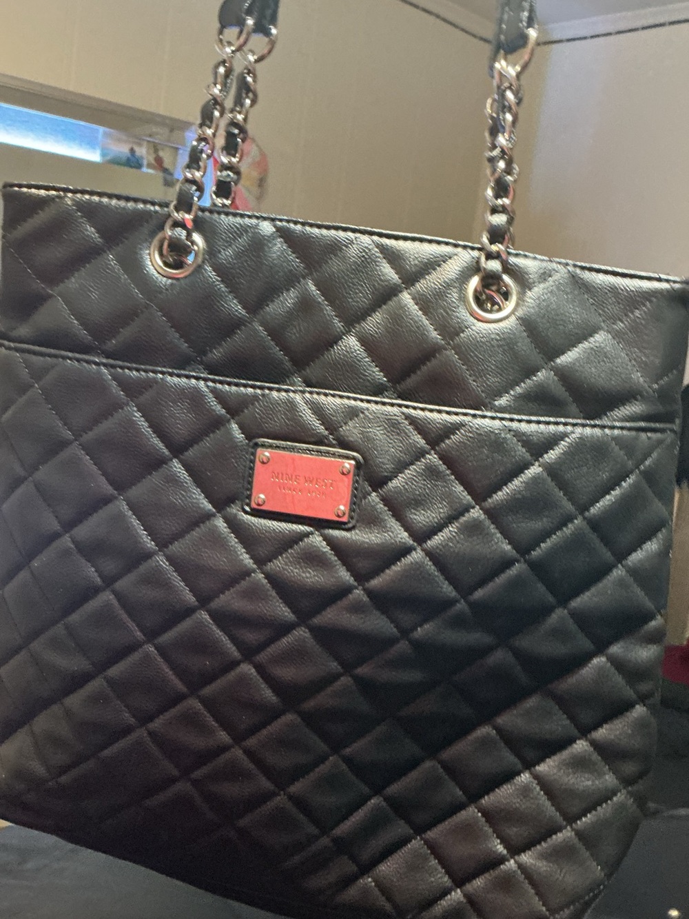 Quilted Black Tote Bag with Chain Handles